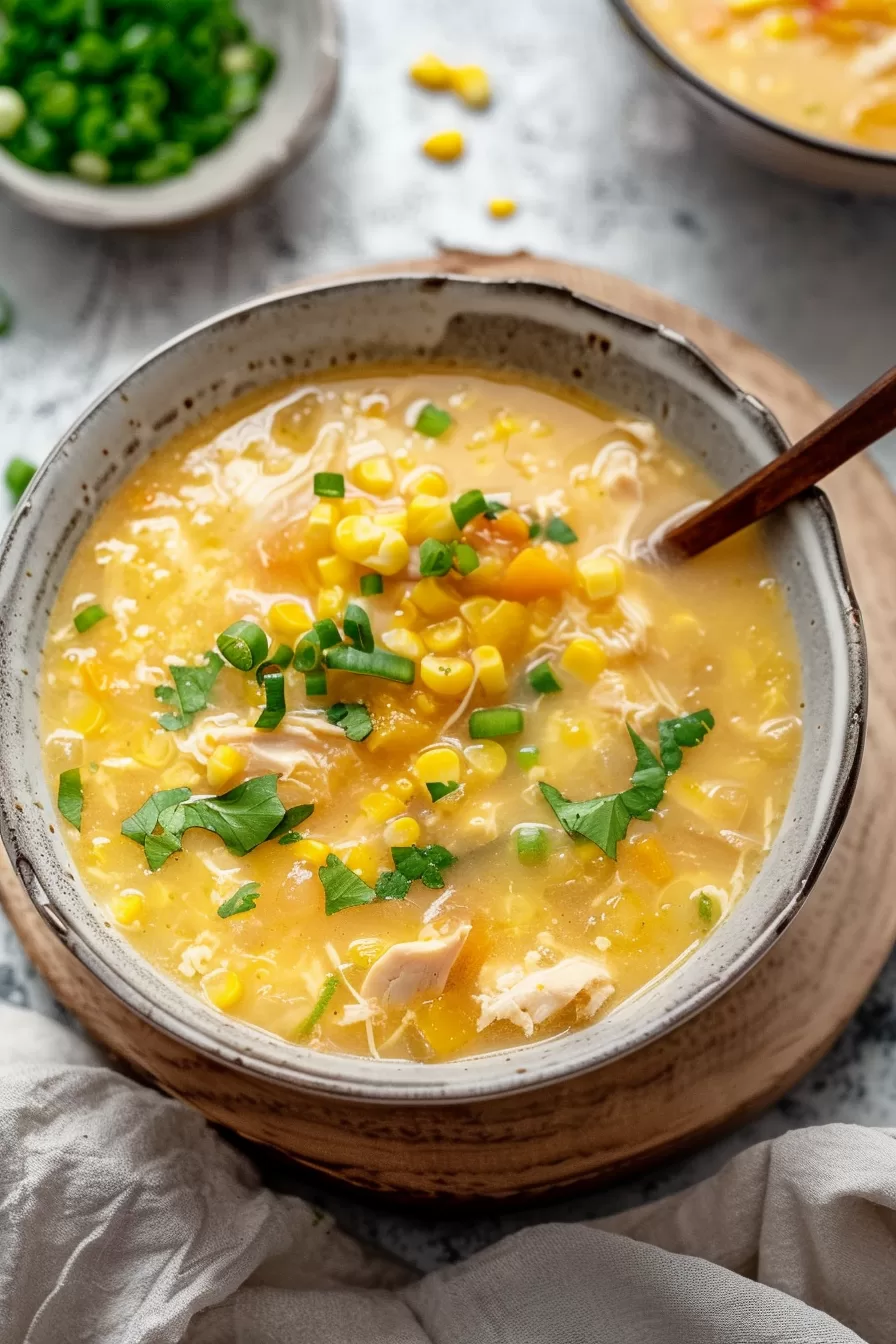 A steaming bowl of hearty soup filled with shredded chicken, sweetcorn, and fresh cilantro, perfect for a cozy meal.