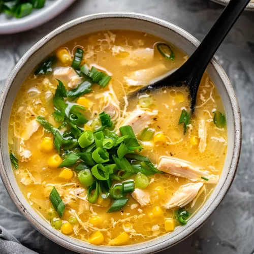 A comforting chicken and sweetcorn soup garnished with fresh herbs, served in an earthy ceramic bowl.