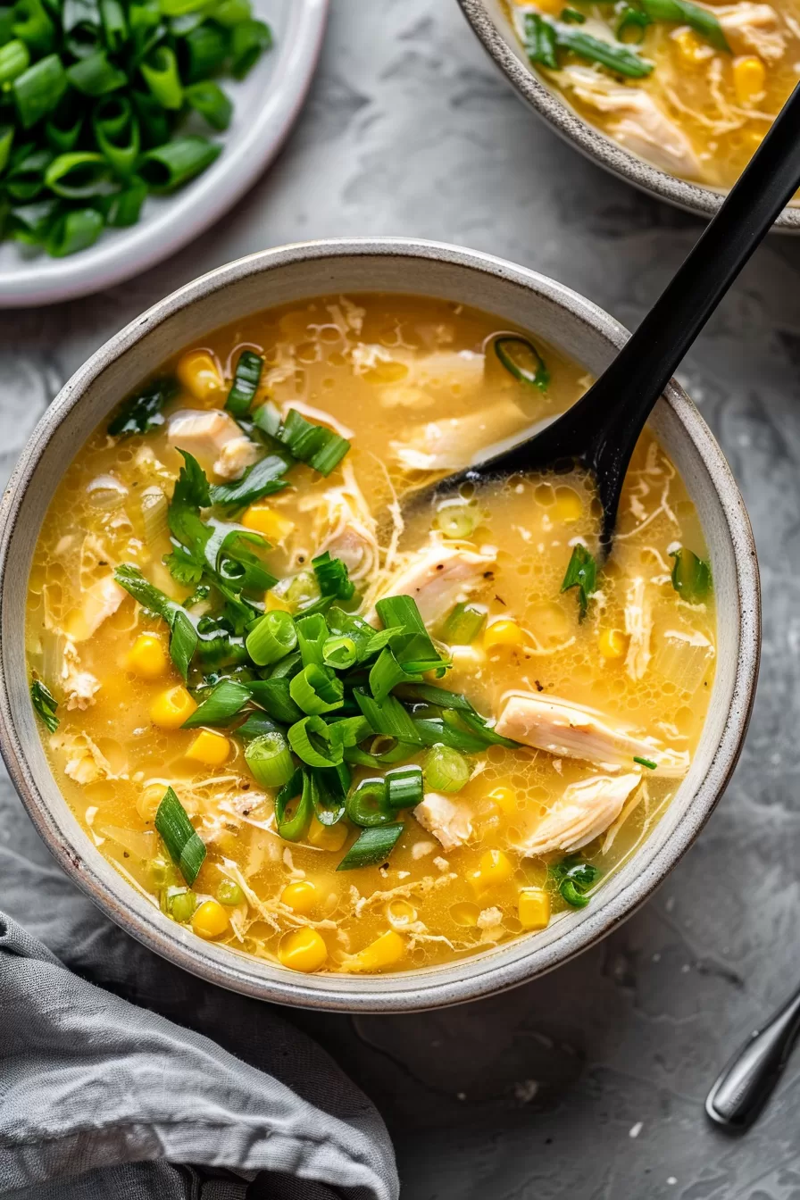 A comforting chicken and sweetcorn soup garnished with fresh herbs, served in an earthy ceramic bowl.