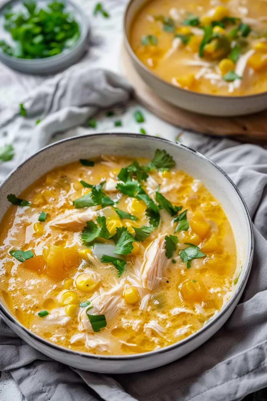 Warm, savory chicken and sweetcorn soup with a sprinkle of fresh spring onions, ready to be enjoyed.