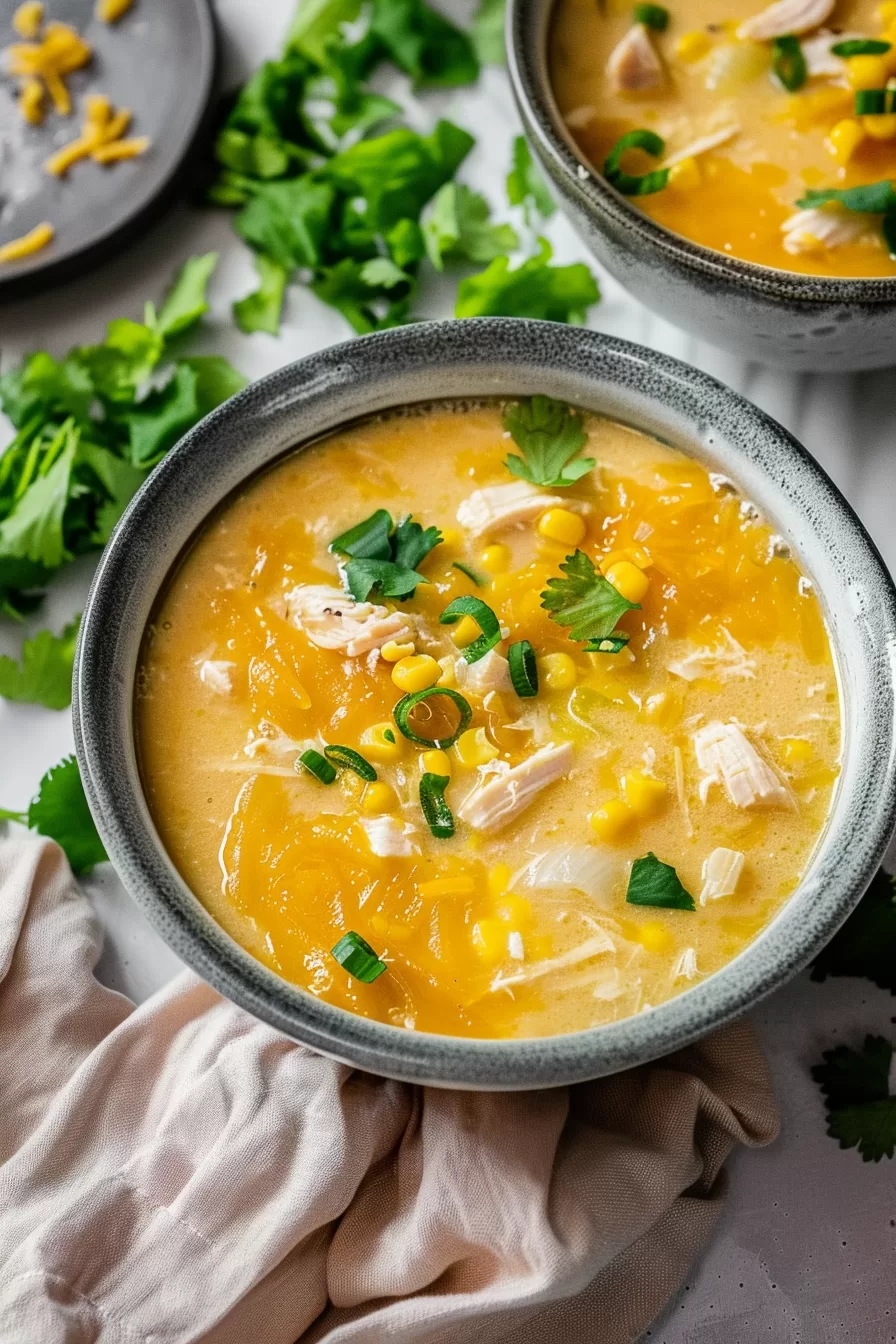 A delightful bowl of homemade chicken and sweetcorn soup, topped with cilantro for a fresh finish.