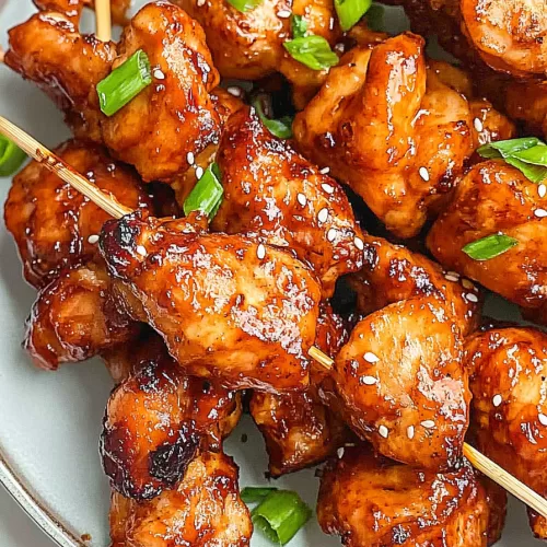 Close-up of tender chicken pieces on skewers, perfectly caramelized and sprinkled with sesame seeds.