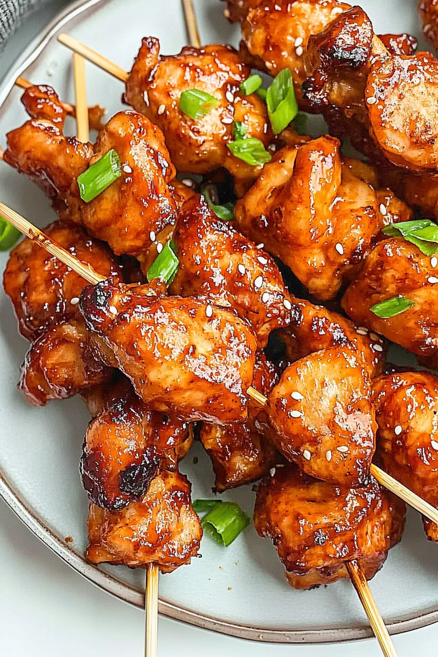 Close-up of tender chicken pieces on skewers, perfectly caramelized and sprinkled with sesame seeds.