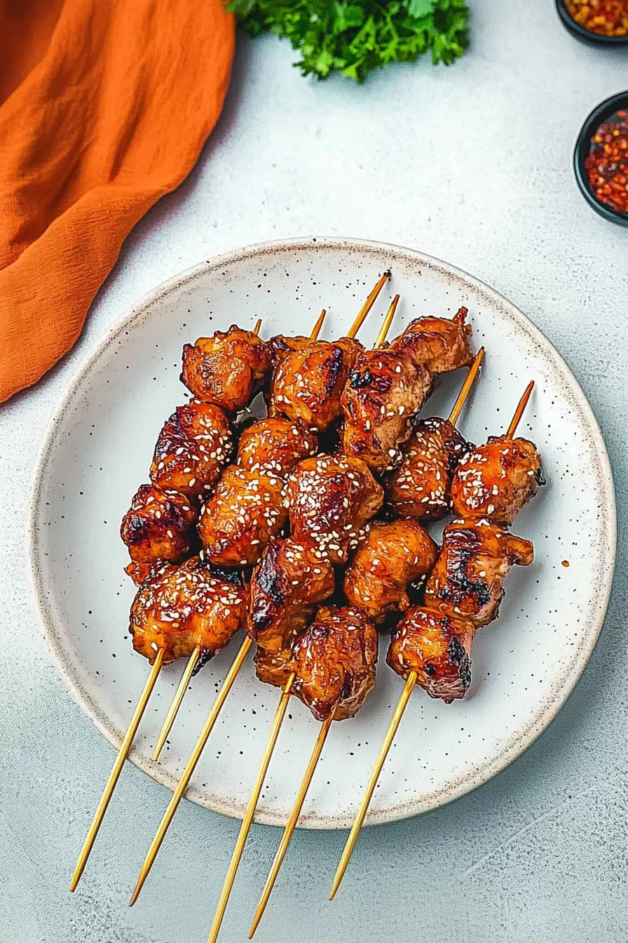 A plate of smoky, sticky chicken skewers, fresh from the grill and served with a garnish of herbs.