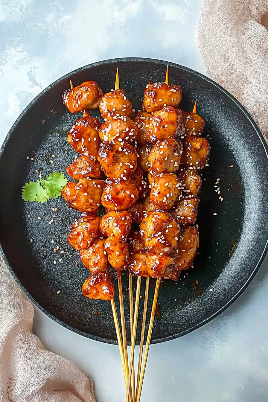 Delicious Chinese-style chicken skewers arranged on a ceramic plate, showcasing the glossy, flavorful glaze.