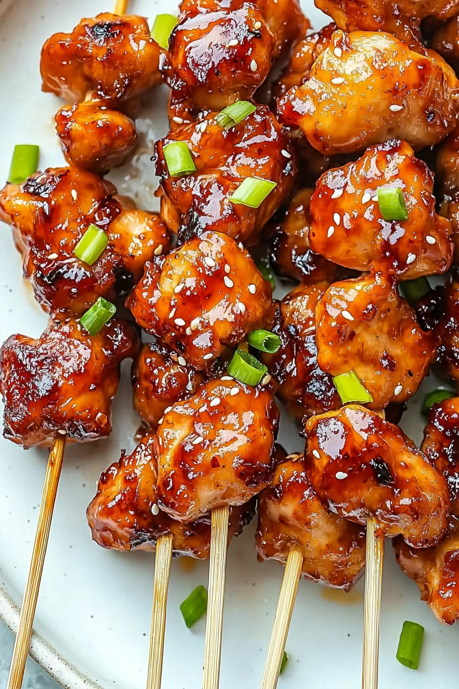 Golden brown chicken skewers resting on a dark platter, with a sesame seed garnish adding a delightful crunch.