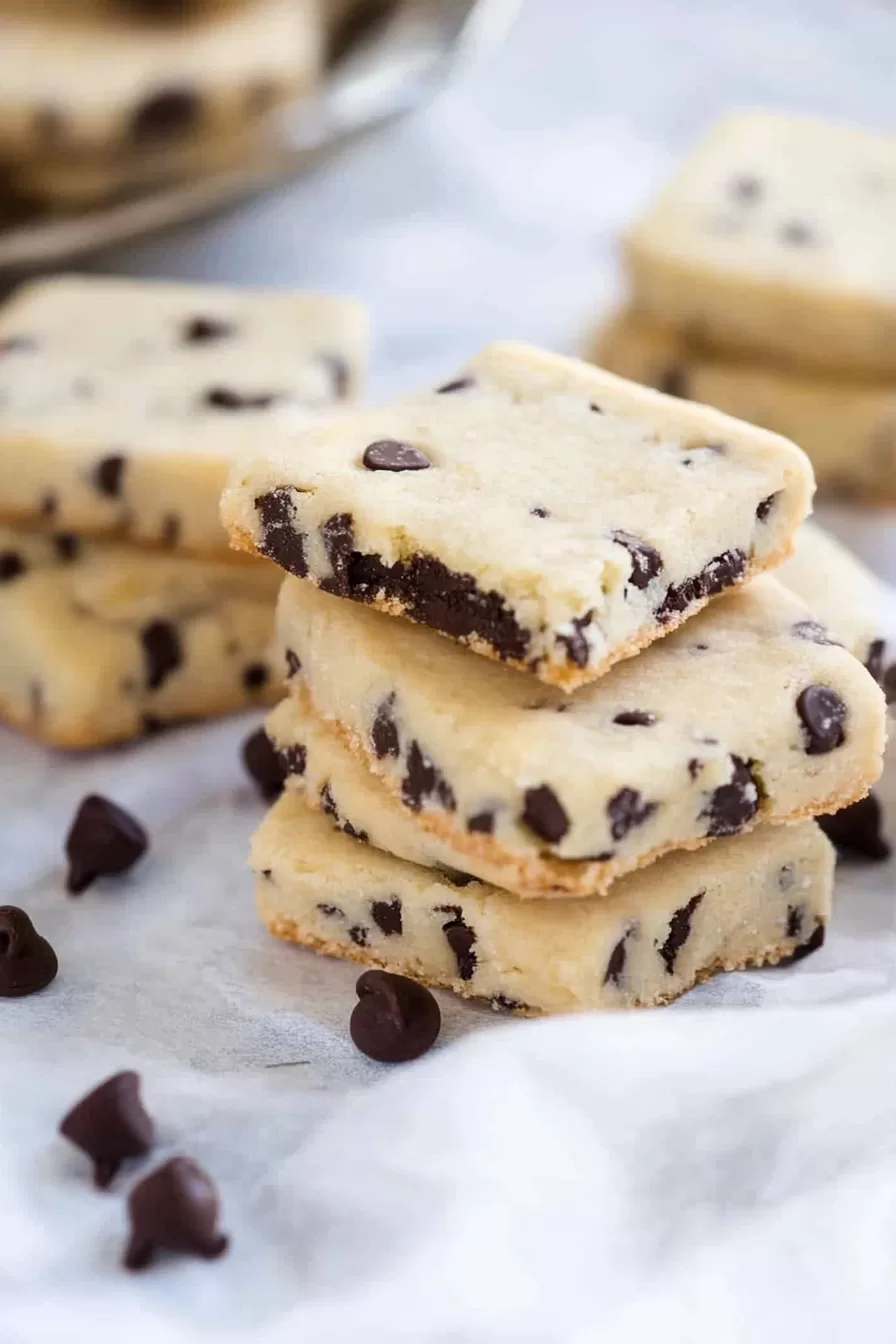 Stack of buttery shortbread cookies dotted with chocolate chips, placed on a white cloth background.