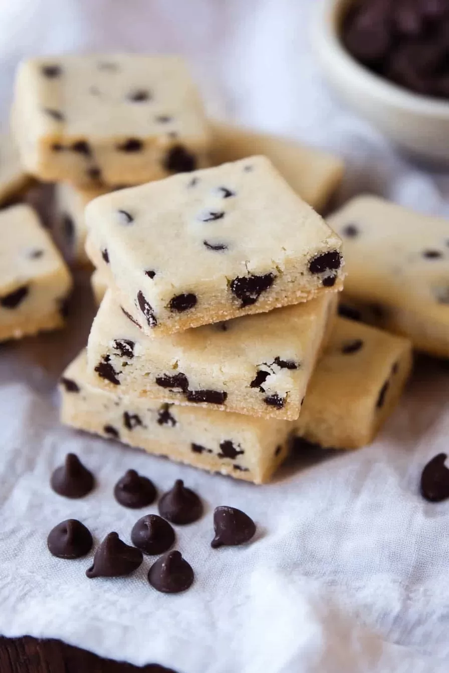 A neatly stacked tower of chocolate chip shortbread cookies with scattered chocolate chips around.