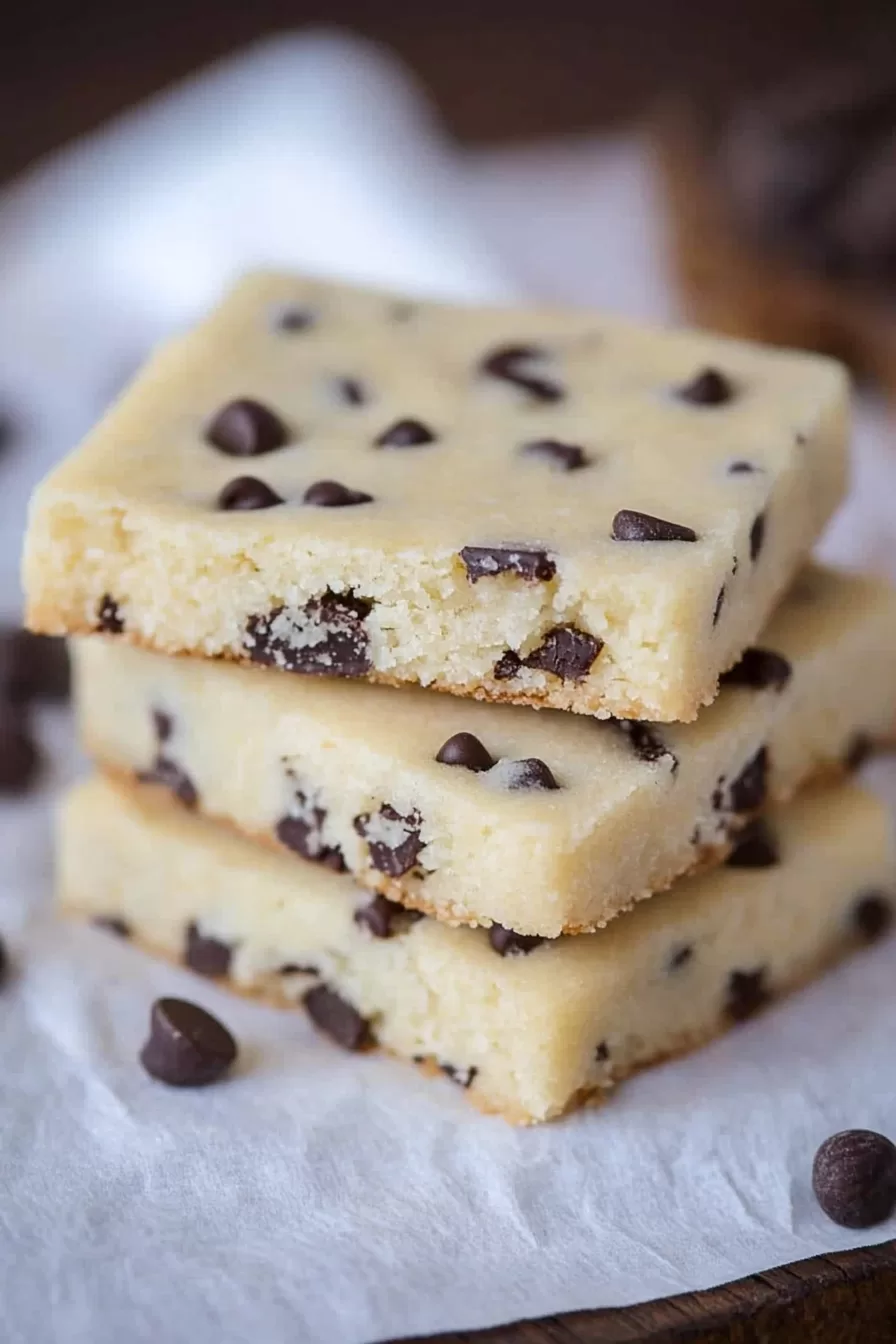 Close-up of a single chocolate chip shortbread cookie with a bite taken out, revealing a tender crumb.