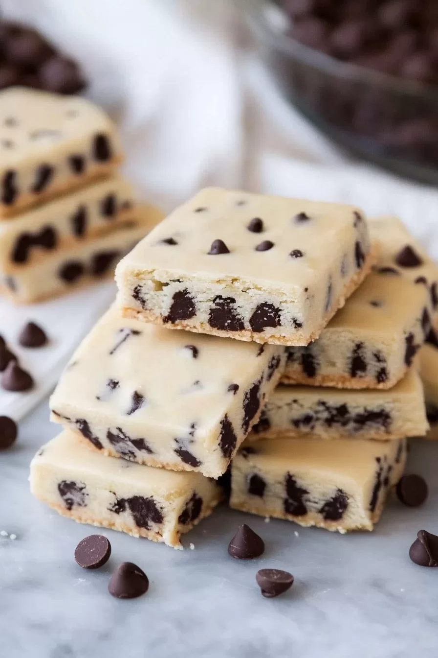 Chocolate chip shortbread cookies arranged on a rustic white surface with a small bowl of chocolate chips in the background.