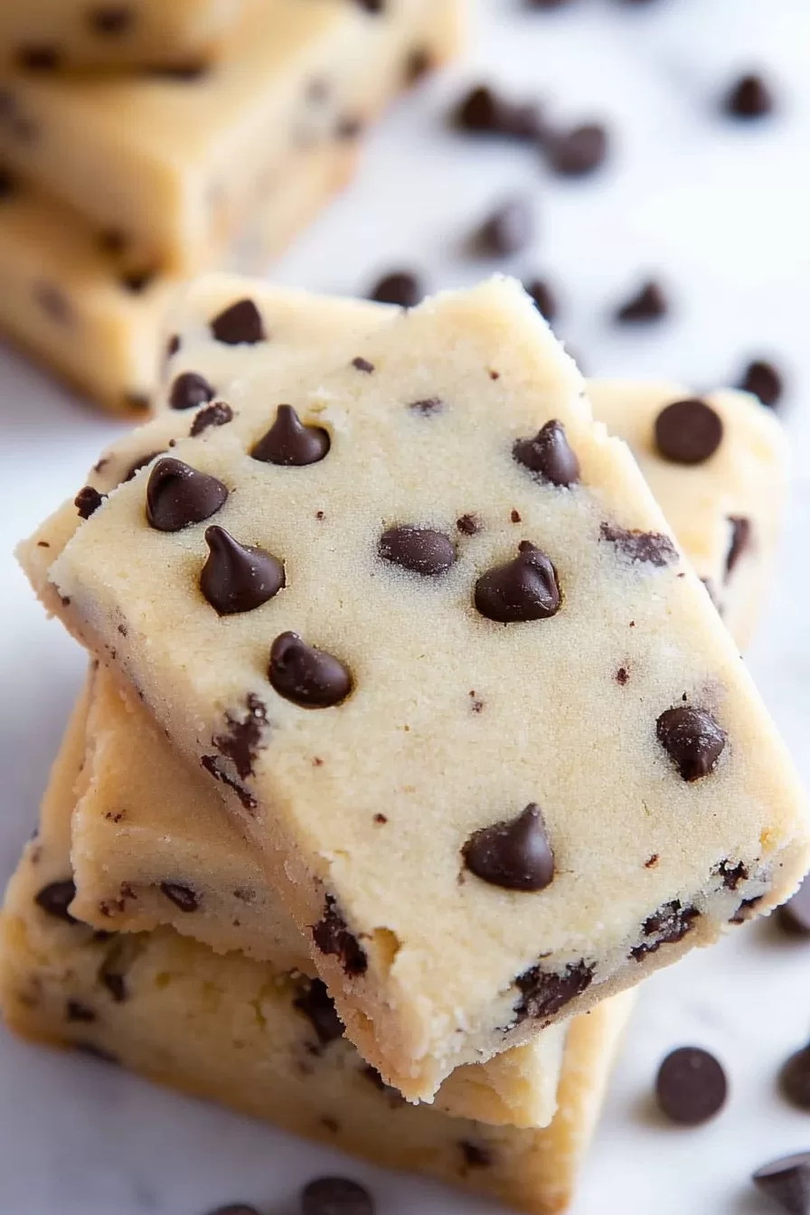 Top view of square-shaped shortbread cookies, evenly baked and studded with chocolate chips.