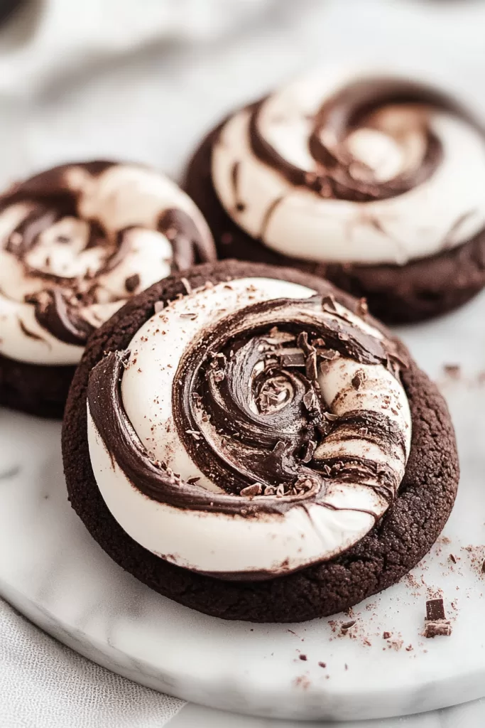 A close-up of a chewy chocolate cookie swirled with gooey marshmallow and melted chocolate chunks.