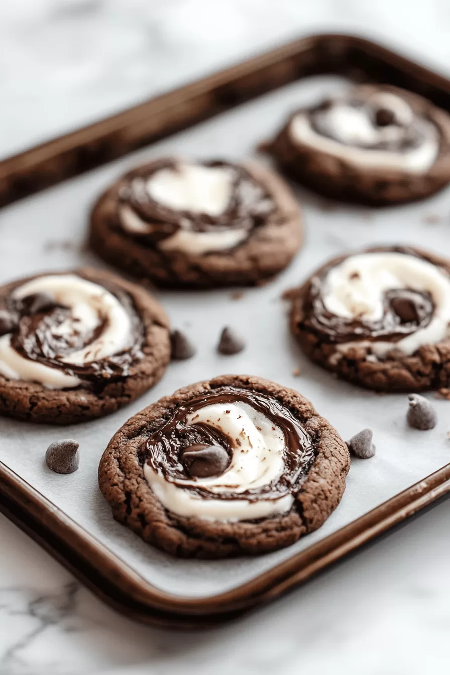 Freshly baked cookies on a parchment-lined tray, featuring a rich chocolate base topped with creamy marshmallow.