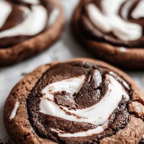 A plate of decadent cookies with soft marshmallow centers and ripples of melted chocolate, ready to enjoy.