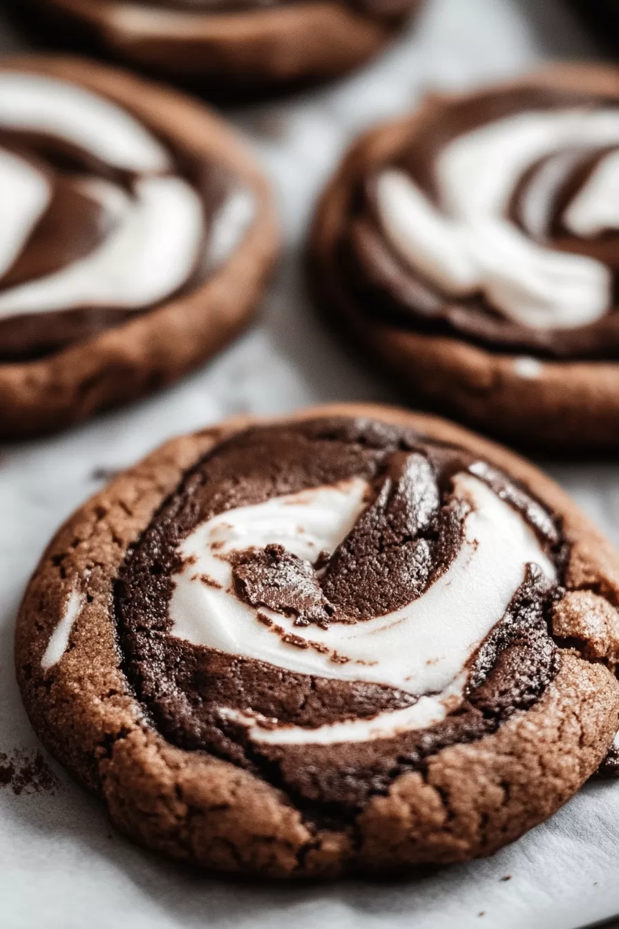 A plate of decadent cookies with soft marshmallow centers and ripples of melted chocolate, ready to enjoy.