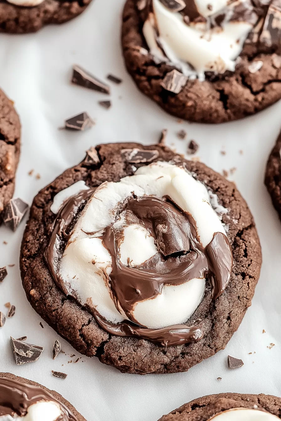 A chocolate marshmallow cookie with delicate chocolate shavings sprinkled on top, sitting on a baking sheet.