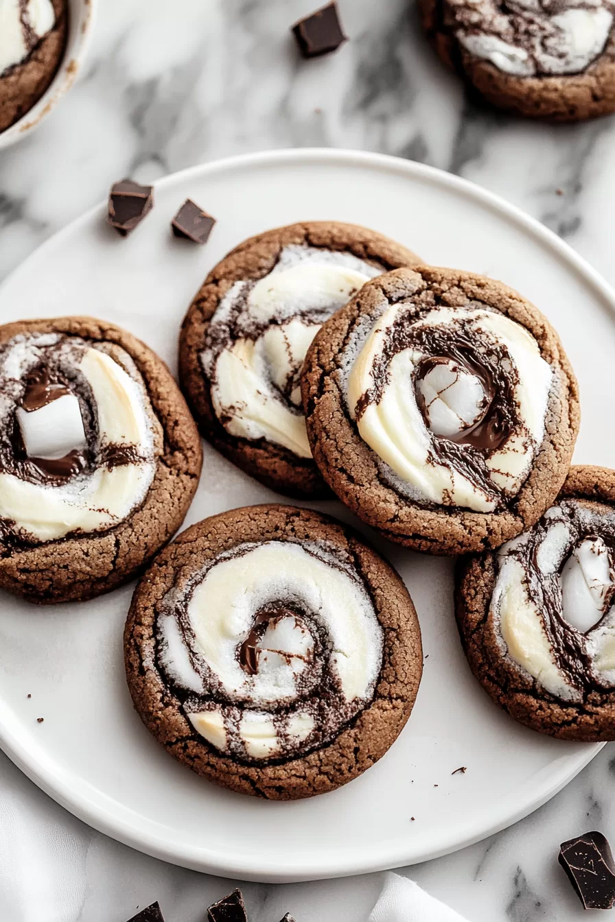 A stack of cookies showing layers of fudgy chocolate and fluffy marshmallow swirls, perfect for a cozy treat.