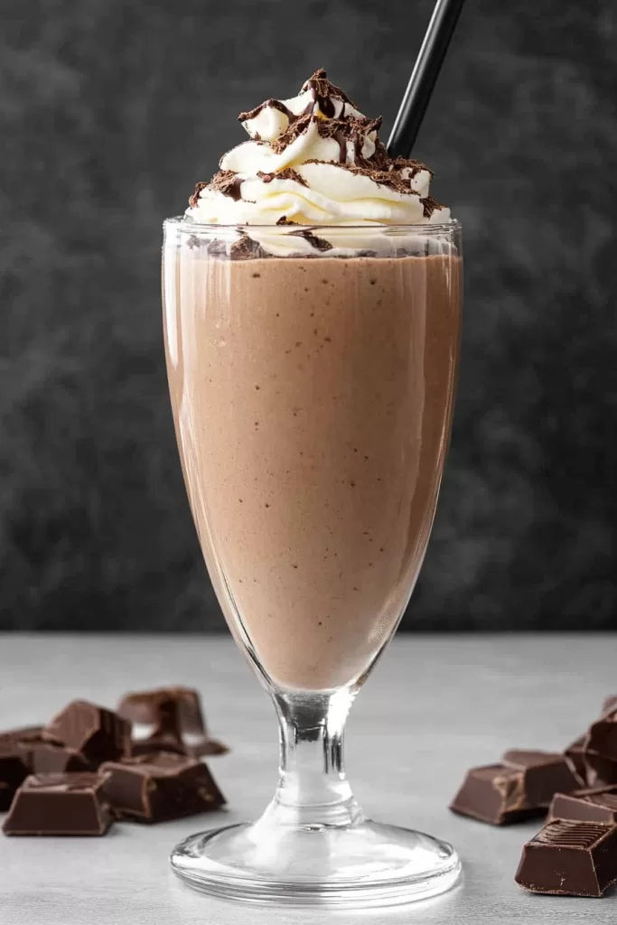 A creamy chocolate milkshake topped with whipped cream and chocolate drizzle, served in a tall glass.