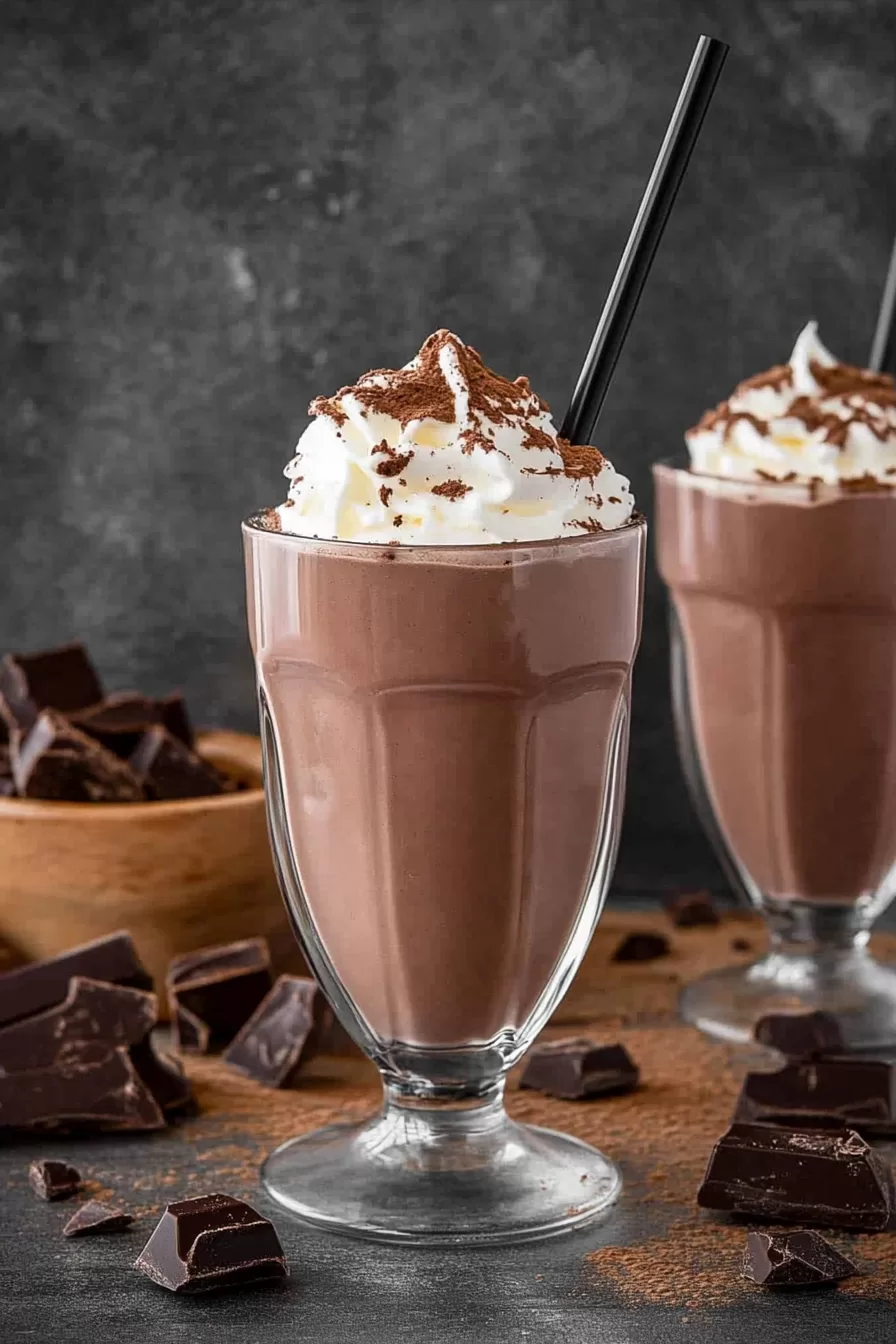 Two chocolate milkshakes with whipped cream and cocoa powder, surrounded by chocolate pieces.