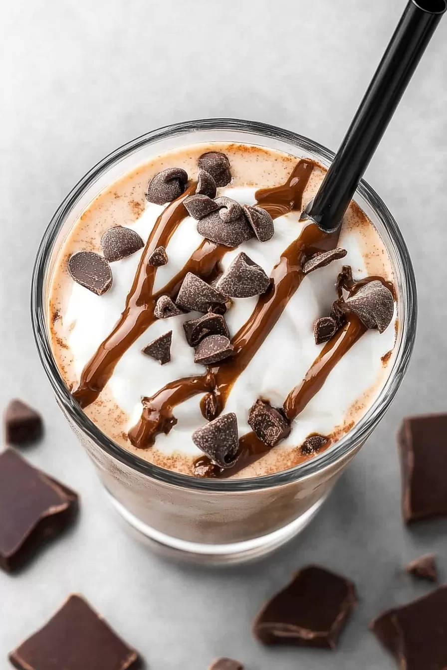 Close-up of a chocolate milkshake garnished with chocolate chips and a drizzle of caramel.