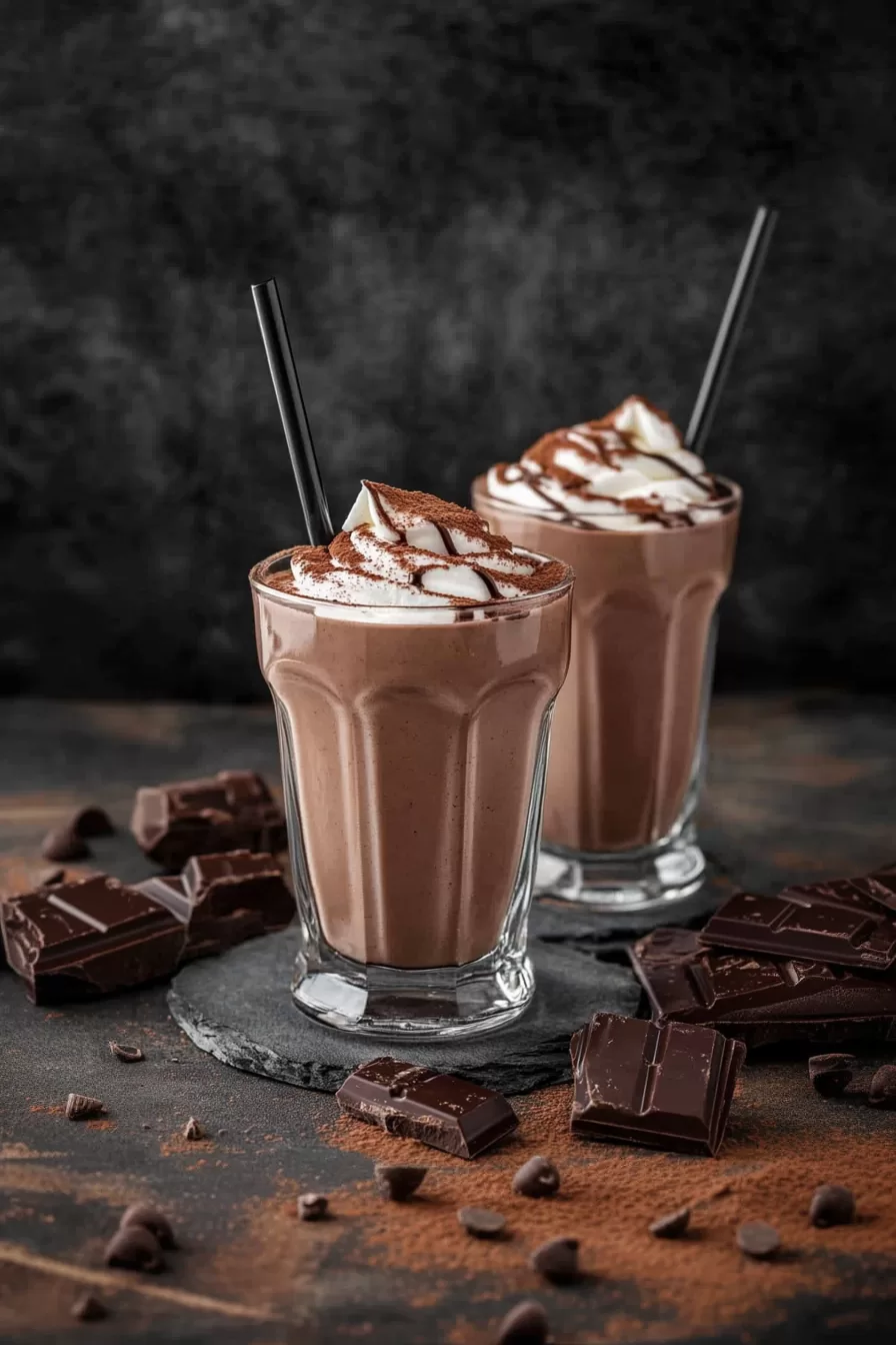 A duo of chocolate milkshakes in frosted glasses, perfect for a sweet indulgence.