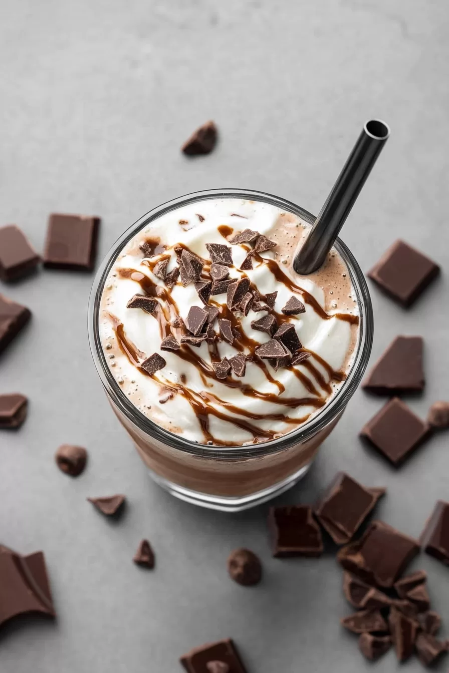 Overhead view of a chocolate milkshake with a straw, surrounded by chunks of rich chocolate.