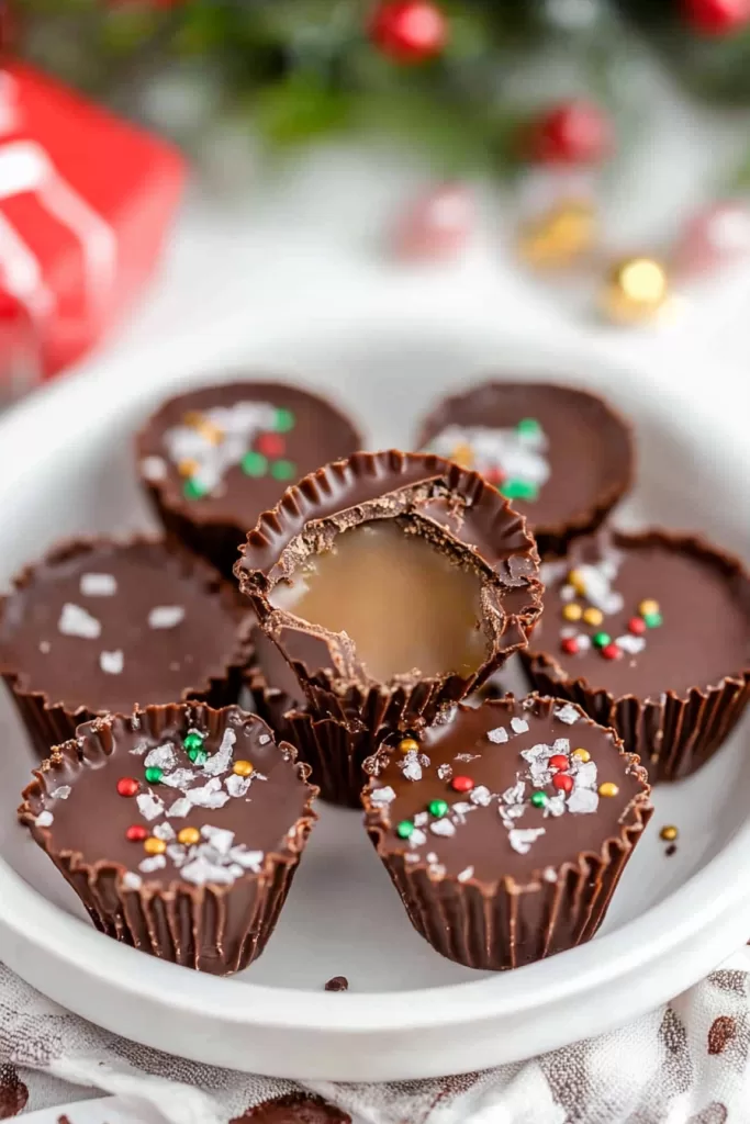 A close-up of chocolate caramel cups topped with festive holiday sprinkles and sea salt, arranged beautifully on a white plate.