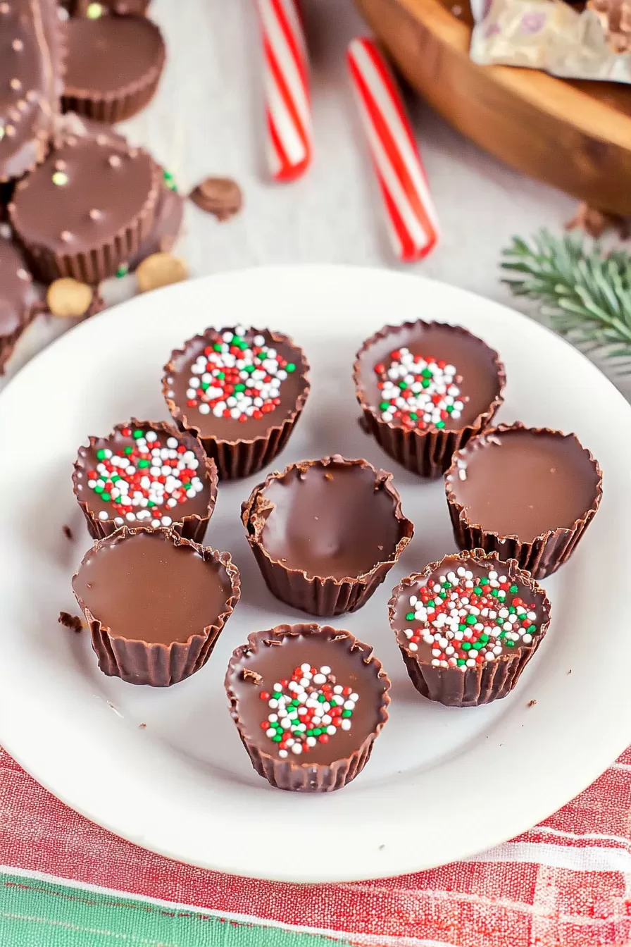 A platter of rich chocolate cups filled with gooey caramel, garnished with colorful Christmas sprinkles for a festive treat.