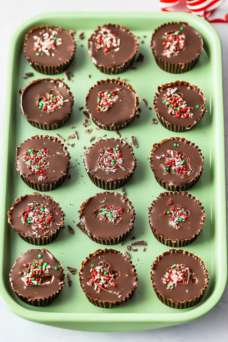 A tray of neatly arranged chocolate caramel cups with cracked chocolate edges, decorated with red, green, and white sprinkles.