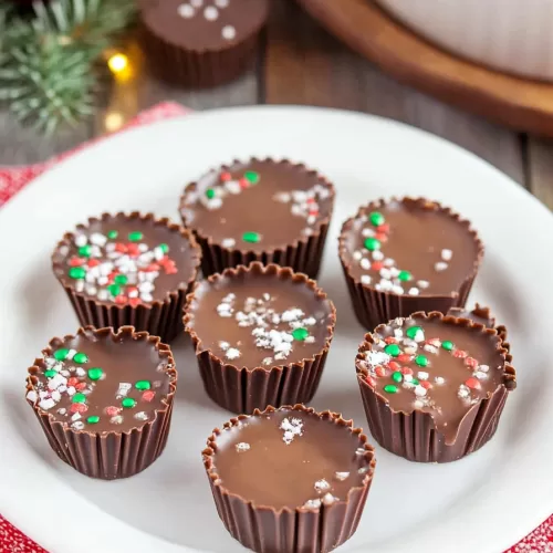 Several chocolate caramel cups displayed on a white dish, each topped with crushed peppermint candy for a festive finish.