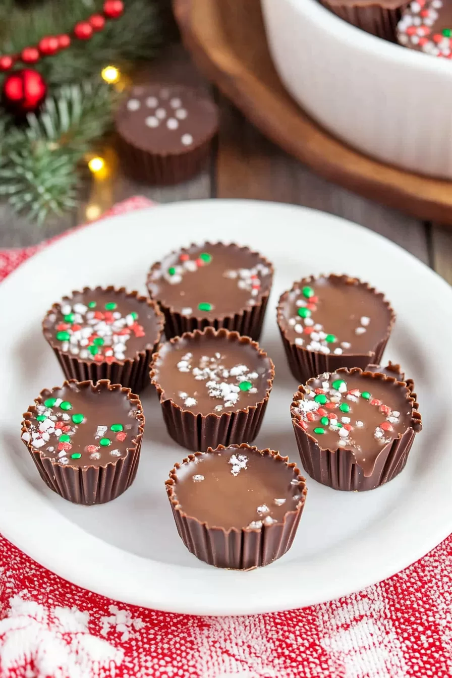 Several chocolate caramel cups displayed on a white dish, each topped with crushed peppermint candy for a festive finish.