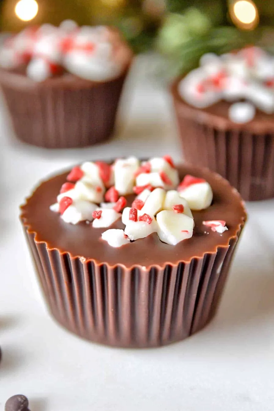 A single chocolate caramel cup with a bite taken out, showcasing the luscious caramel center, surrounded by holiday decor.