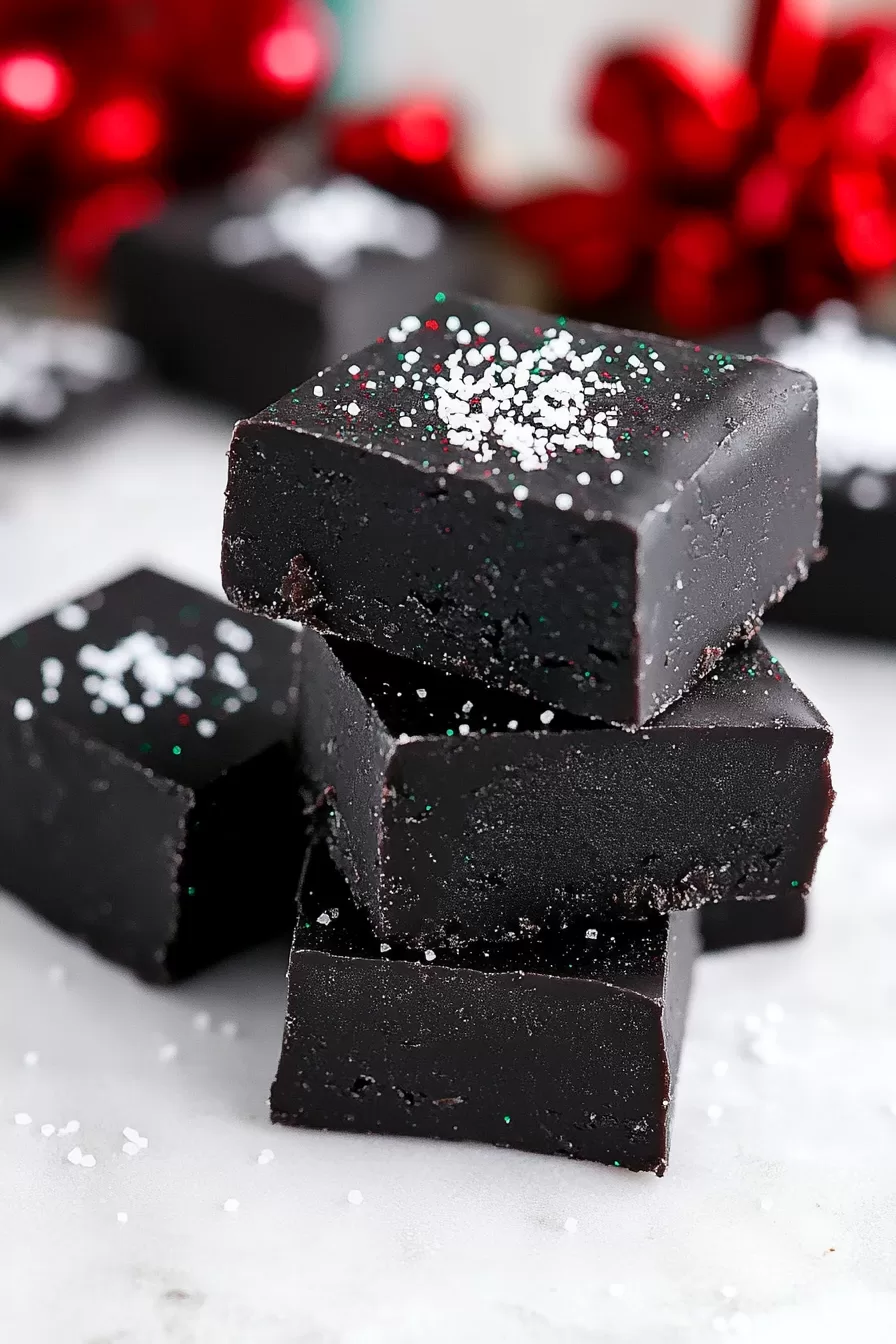 Stacked black fudge cubes with a rich texture, speckled with tiny red candy bits and a holiday background.