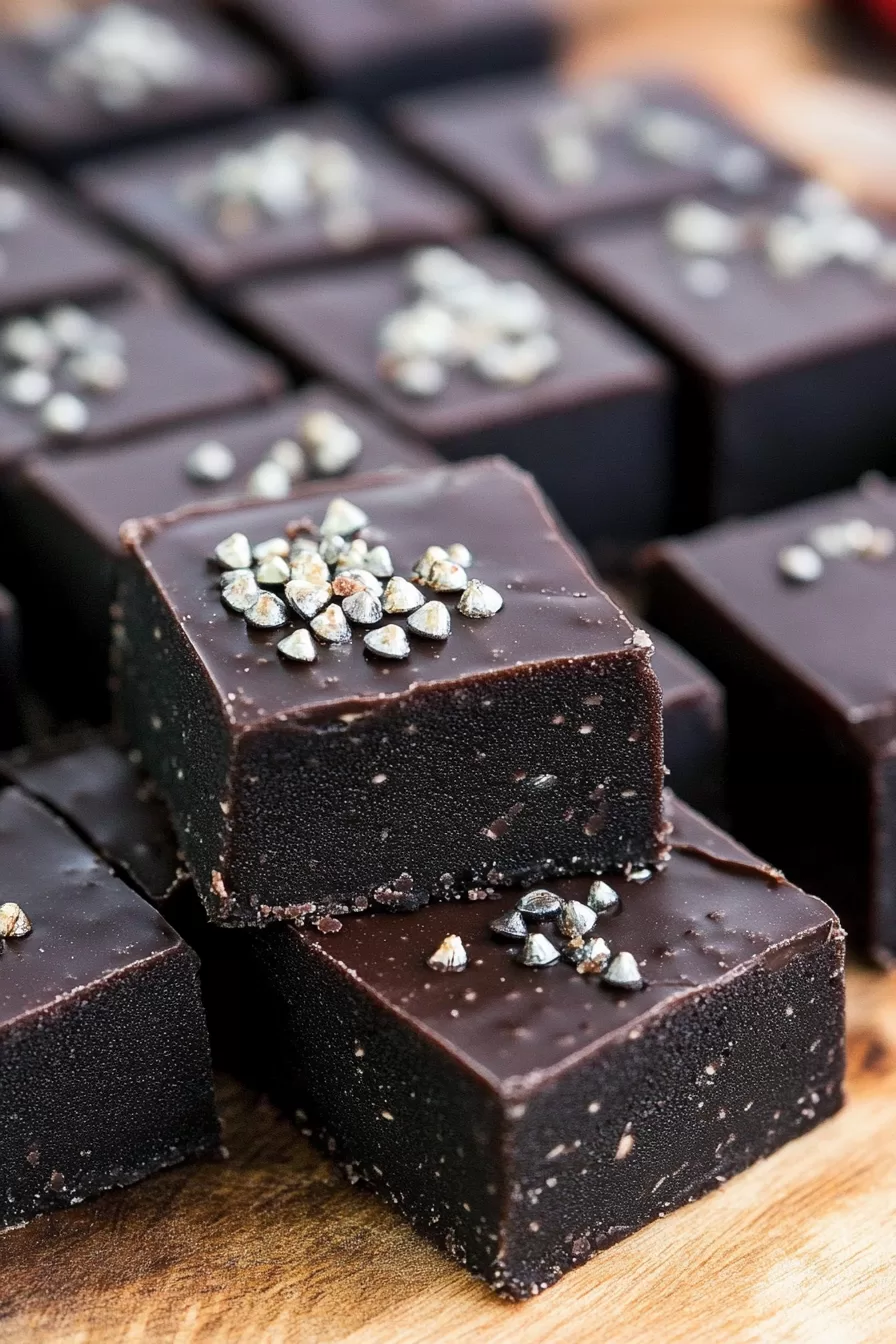 A close-up view of dark, velvety fudge squares dusted with powdered sugar for a festive finish.