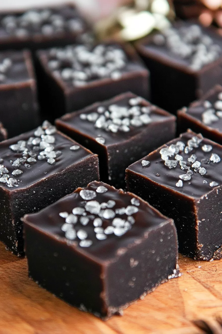 A rustic wooden board showcasing thick, decadent dark fudge pieces, garnished with coarse sugar for a snowy effect.