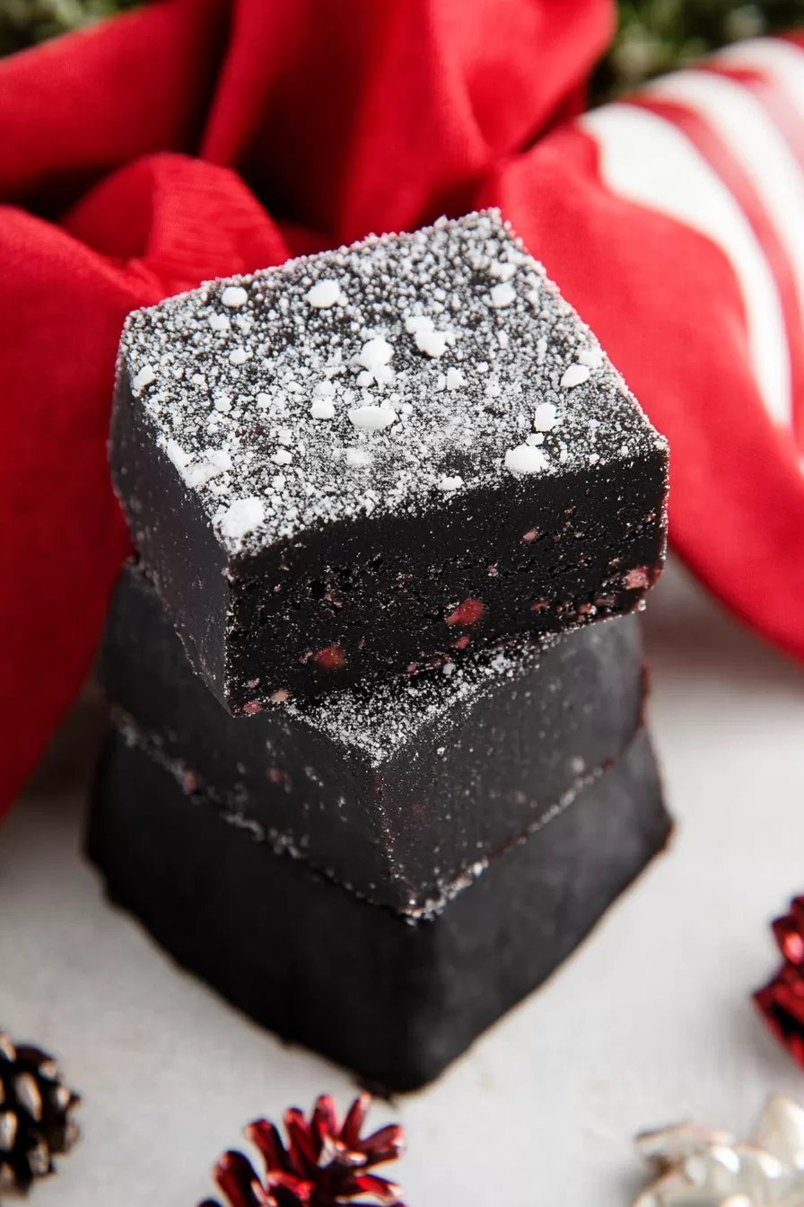 Glossy black fudge sprinkled with white sugar crystals, resting on a marble surface with a pop of red decor.