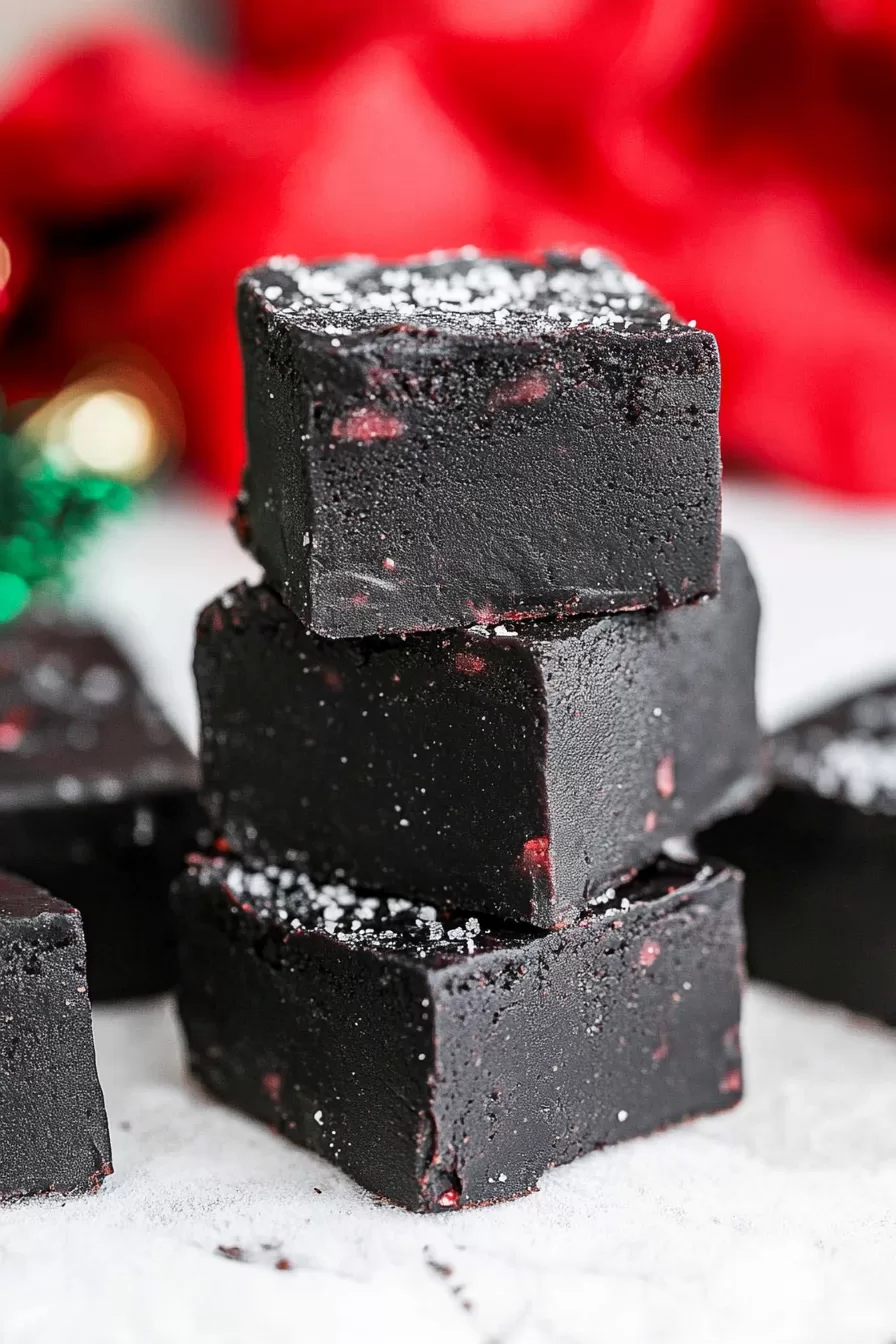 A stack of three fudge squares with a smooth black finish and red highlights, against a backdrop of red holiday decorations.