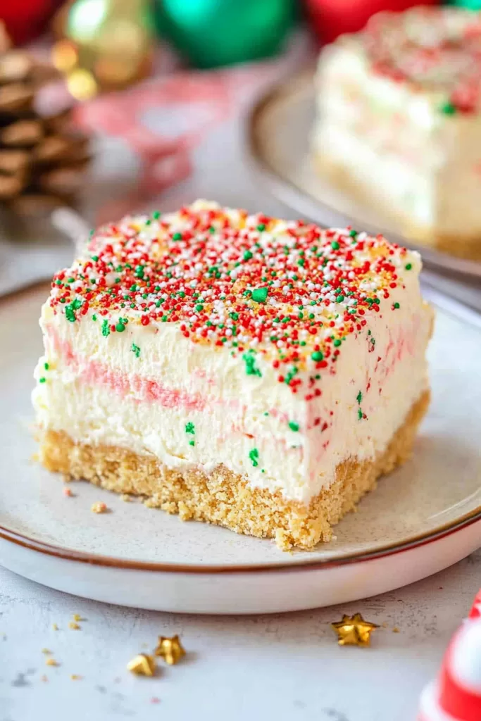 Close-up of a fluffy holiday cake topped with vibrant red, green, and white sprinkles, perfect for a celebration.