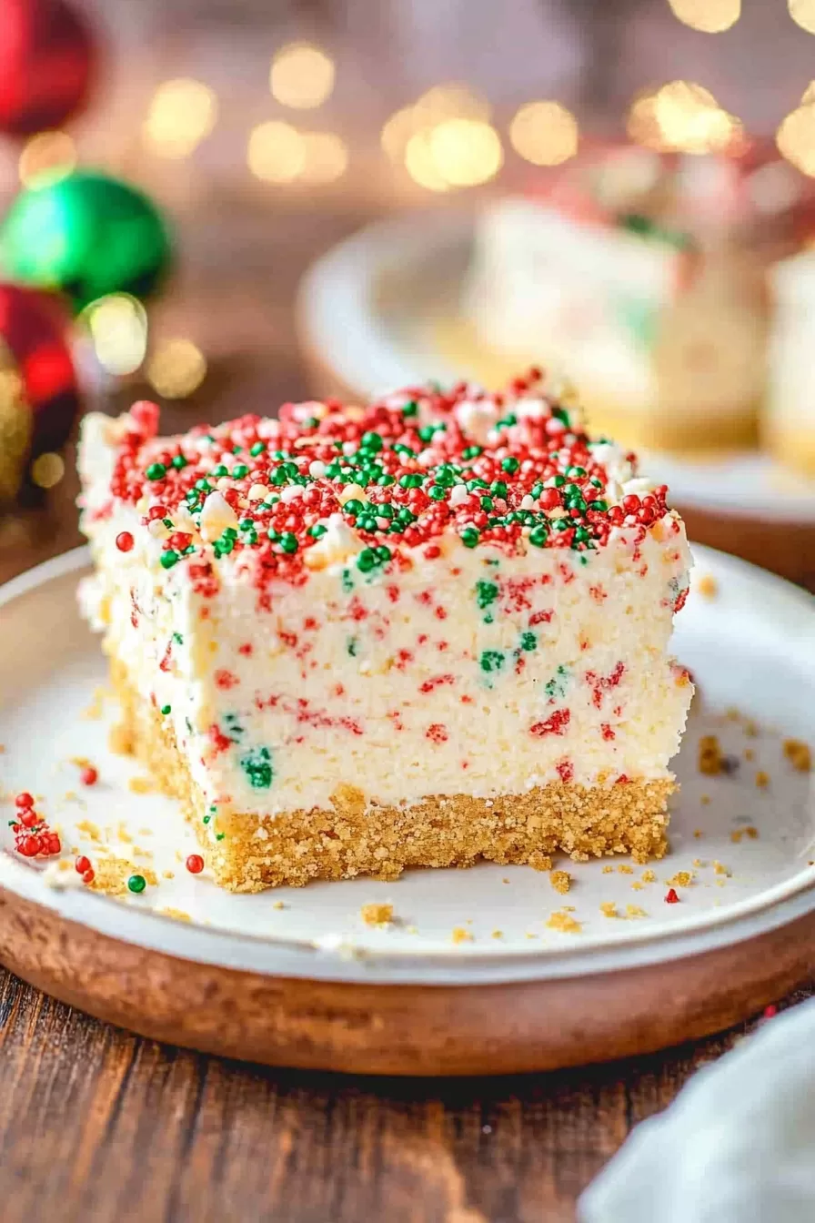 A slice of creamy dessert with a festive layer of red and green sprinkles on a cookie crust, served on a neutral plate.