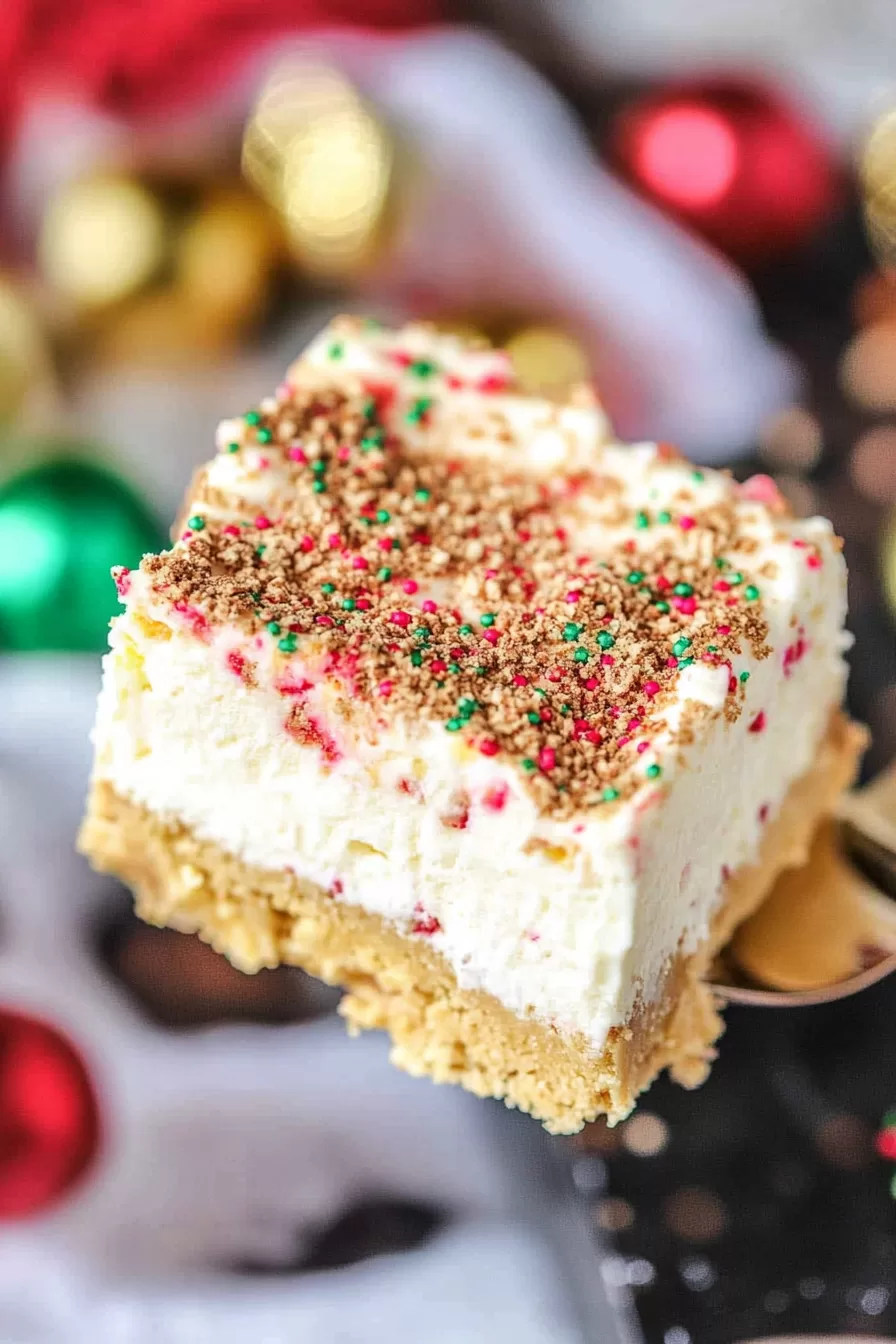 A thick dessert square with a golden cookie crust and whipped cream layer, sprinkled with colorful holiday decorations.