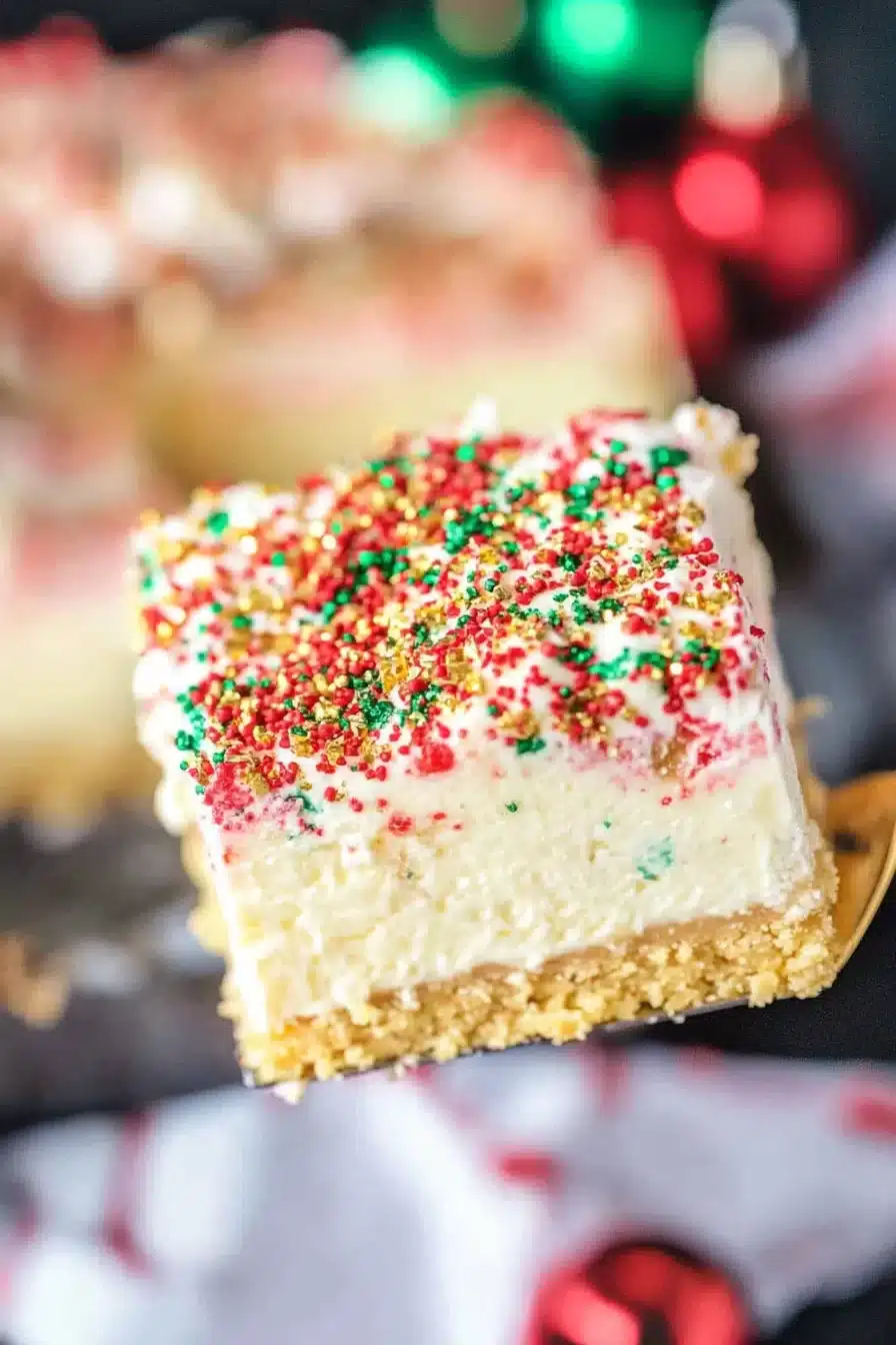 A festive dessert slice topped with sprinkles and a crumbly cookie base, set against a cozy background of ornaments and lights.