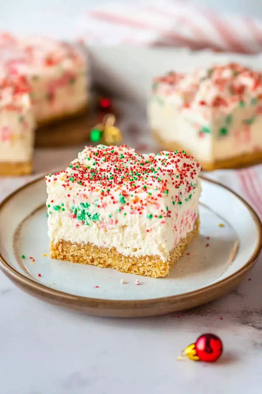 A light and creamy holiday dessert square, decorated with red and green sugar sprinkles, highlighting the soft layers.