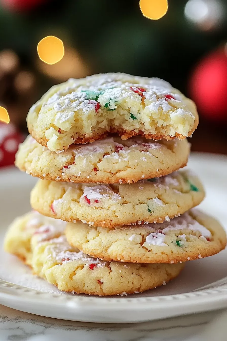 A stack of soft, powdered sugar-dusted Christmas cookies with colorful sprinkles, perfect for the holiday season.