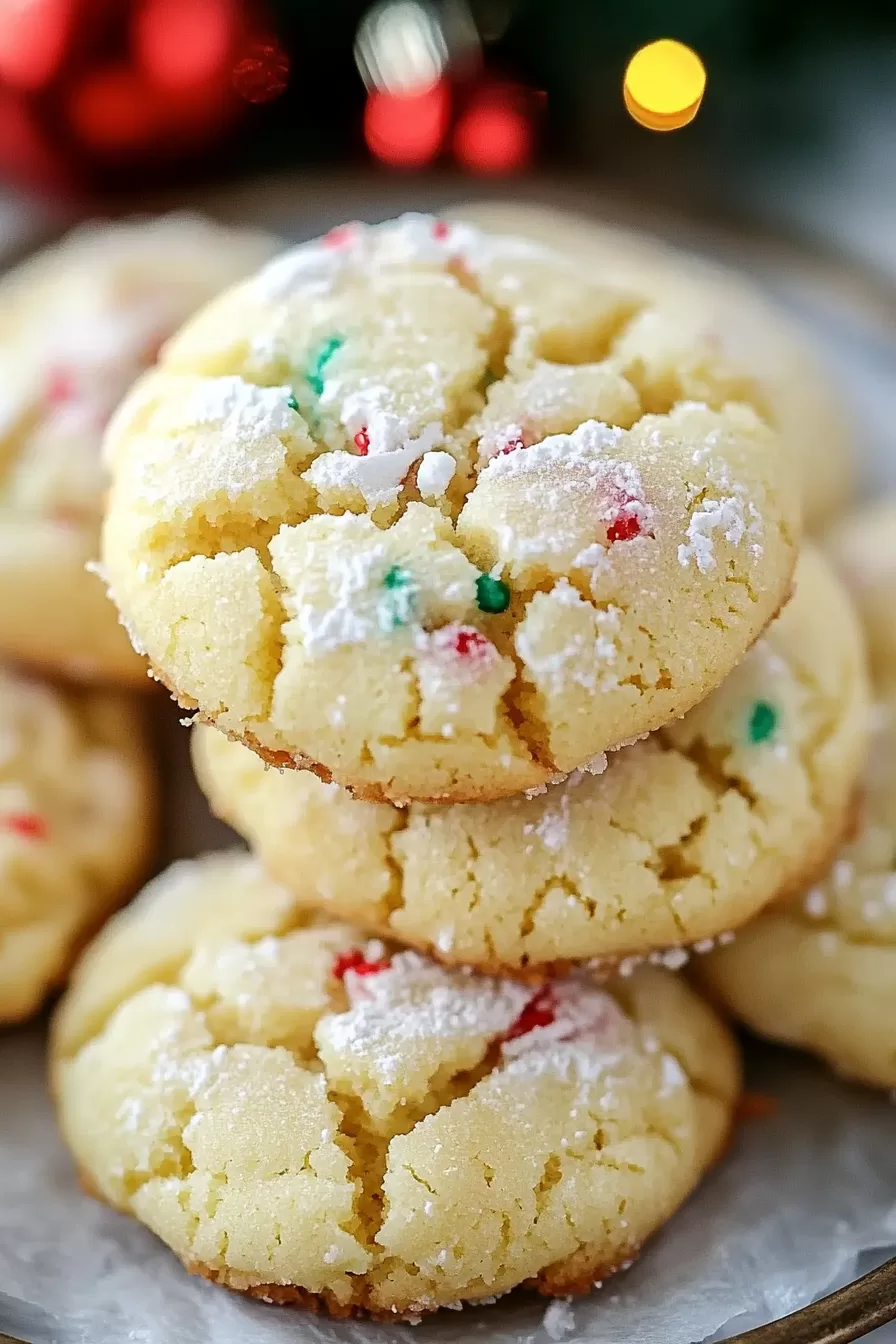 Close-up of a bite taken from a festive ooey-gooey butter cookie, showing its tender, chewy texture.