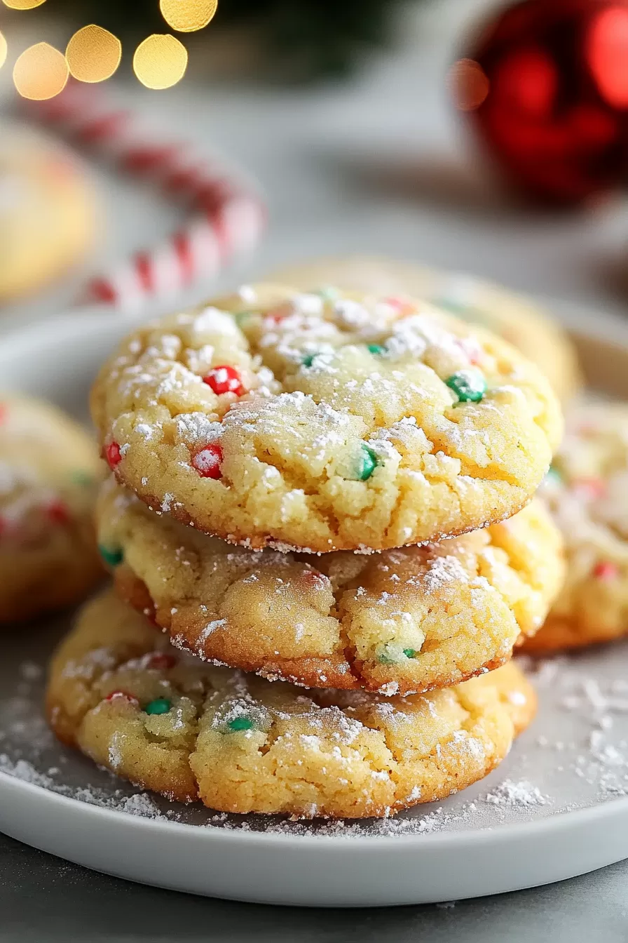 A plate filled with freshly baked buttery cookies topped with powdered sugar and vibrant holiday sprinkles.