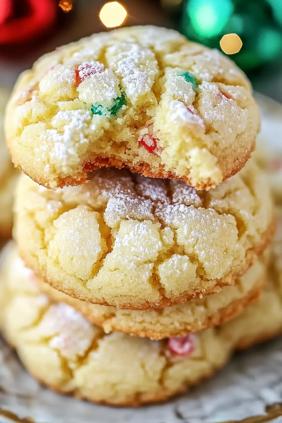 Festive cookies piled on a plate, showcasing their soft texture and holiday-colored sprinkles.