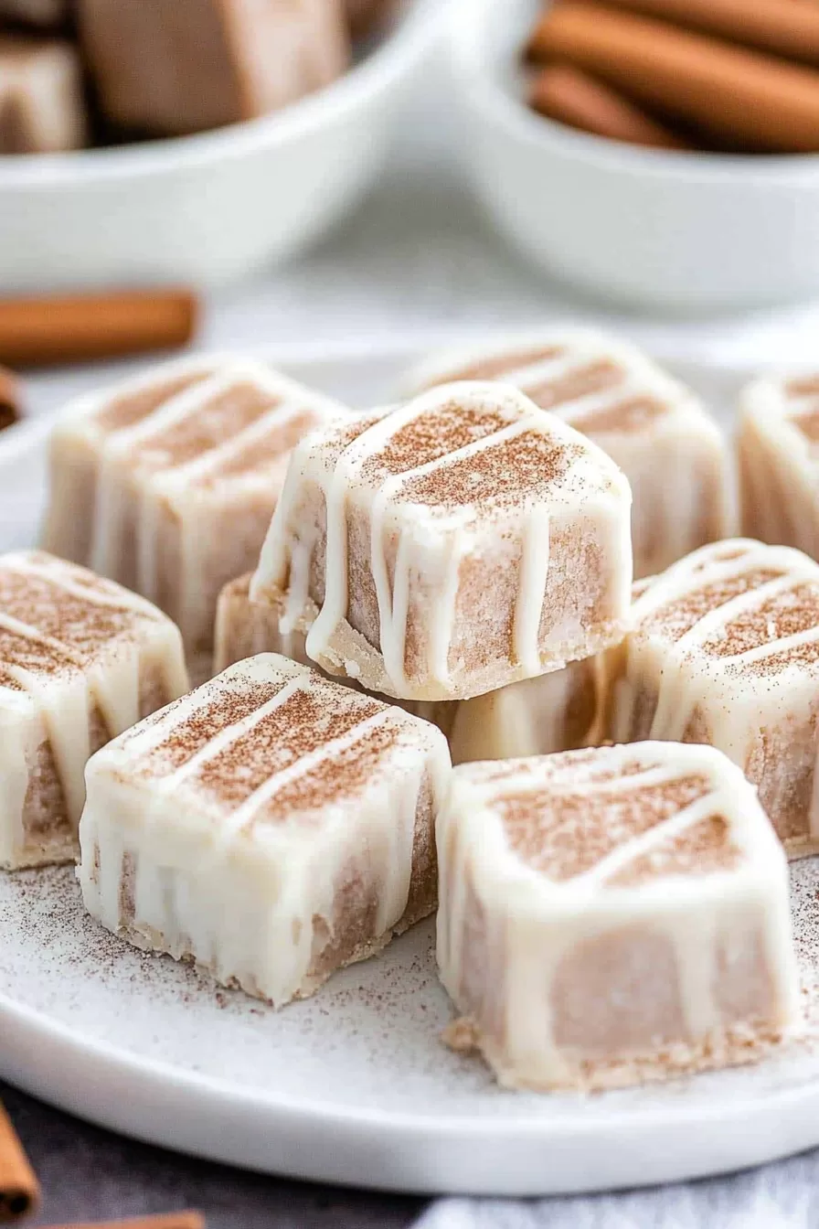 A beautifully arranged platter of cinnamon roll fudge squares, with delicate white icing and a cinnamon finish.