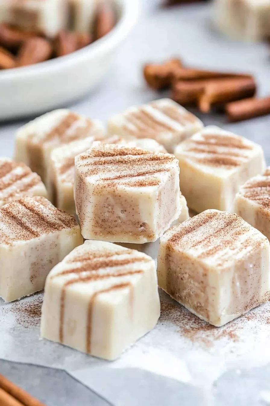 A stack of cinnamon-flavored fudge pieces topped with a light dusting of cinnamon sugar, sitting on a marble surface.