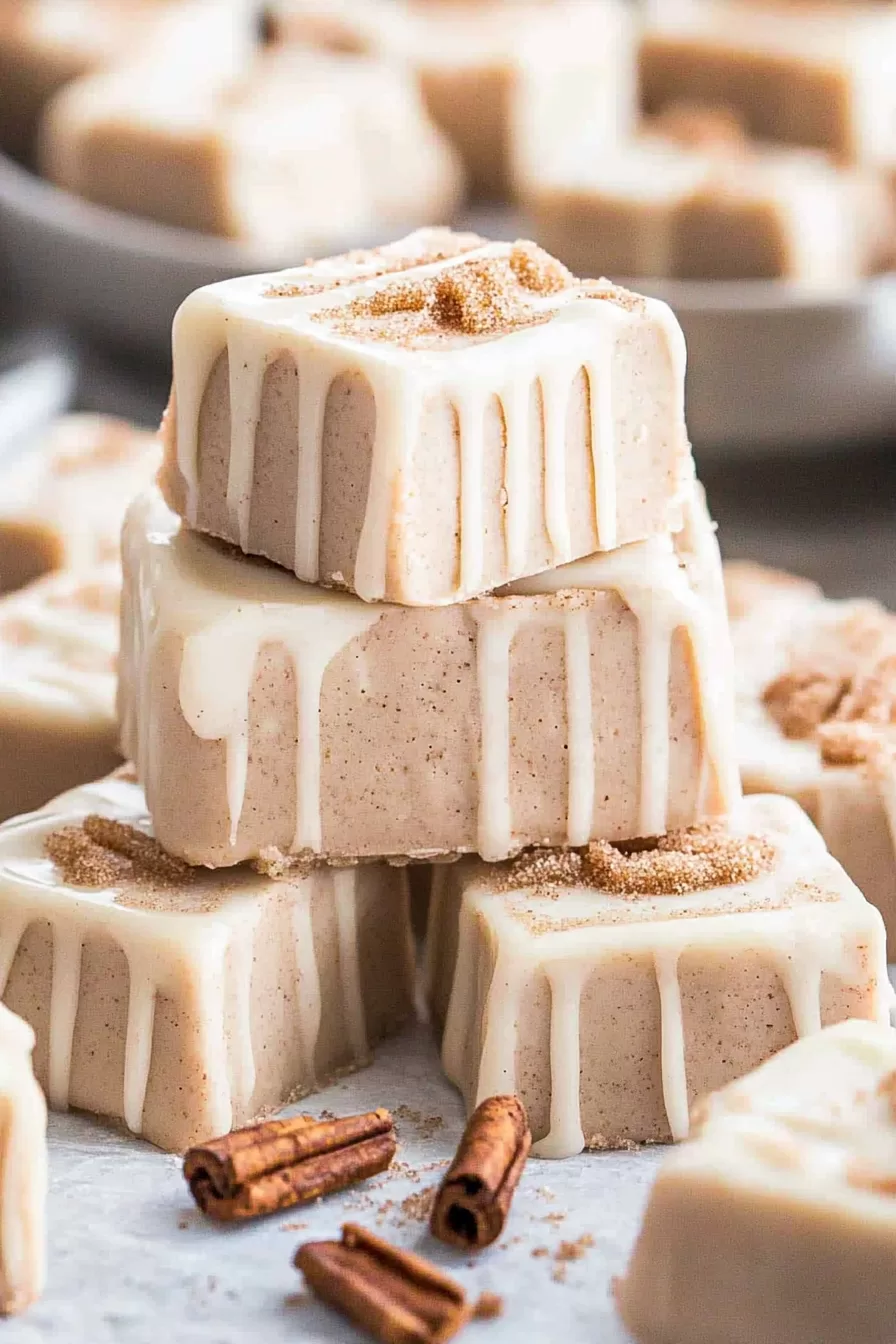 Close-up of creamy fudge squares drizzled with white icing and sprinkled with cinnamon sugar on a white plate.