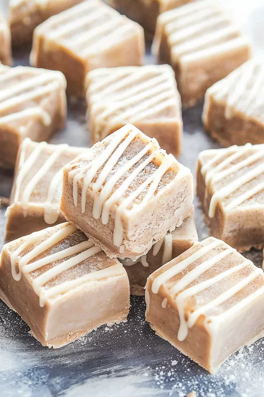 Rows of bite-sized fudge squares with smooth icing and a cinnamon swirl pattern, perfect for holiday treats.